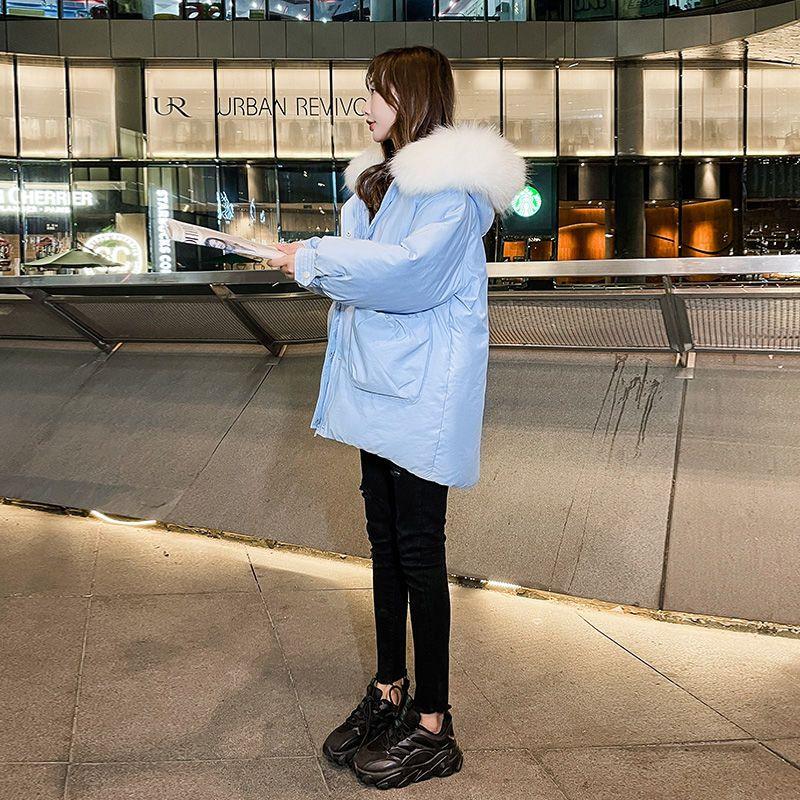 Женские новые однотонные парки, зимняя модная утепленная теплая стеганая куртка с капюшоном и большим меховым воротником, женская повседневная свободная куртка-пуховик с карманами