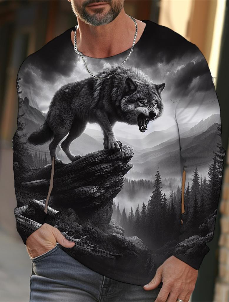 2024 New Men's Long-sleeved T-shirt 3d Printed High-definition Wolf Animal Print Men's Autumn Tops Casual Round Neck T-shirt