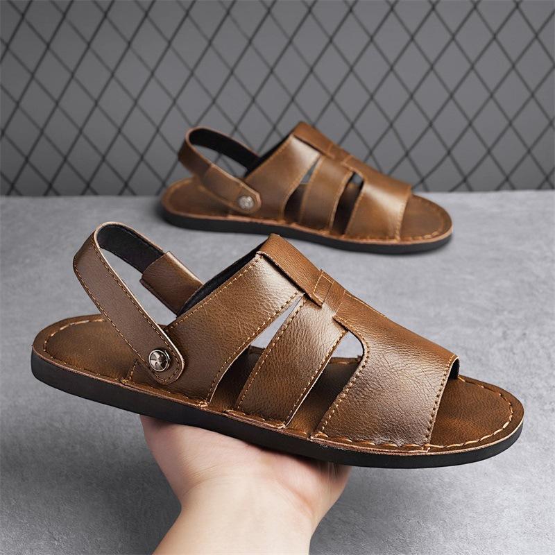 Cool Slippers Men's Trendy Versatile Leather Sandals One Pedal Driving Beach Shoes