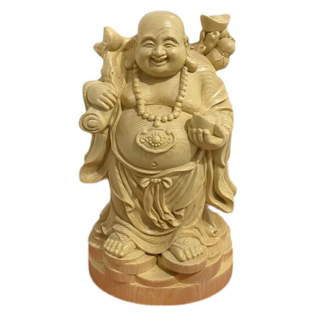 Wooden Buddha Hotei Made of Cypress Good Fortune Ornament Statue, (Laughing Buddha), Figurine, High-Quality Wood, (Size 16cm)