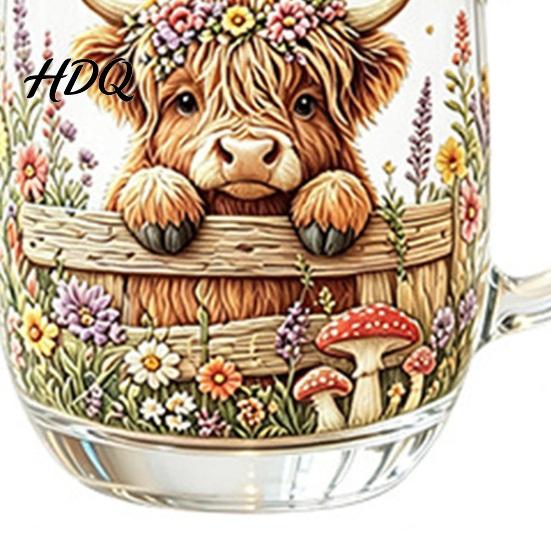 Durable Glass Drinkware 350ML Hand-painted Highland Cow Glass Cattle Coffee Mug Decorative Wine Glasses with Handle Heat-Resistant Tea Milk