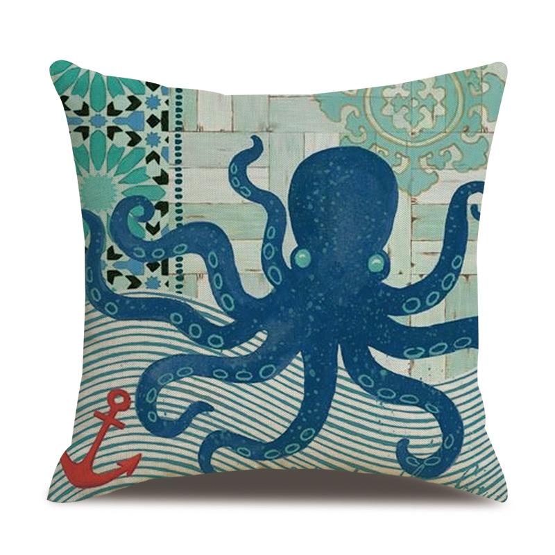 Linen Pillowcase Hand-painted Marine Cotton Linen Coral Seahorse Starfish Octopus Home Soft Furnishing Cushion Cover