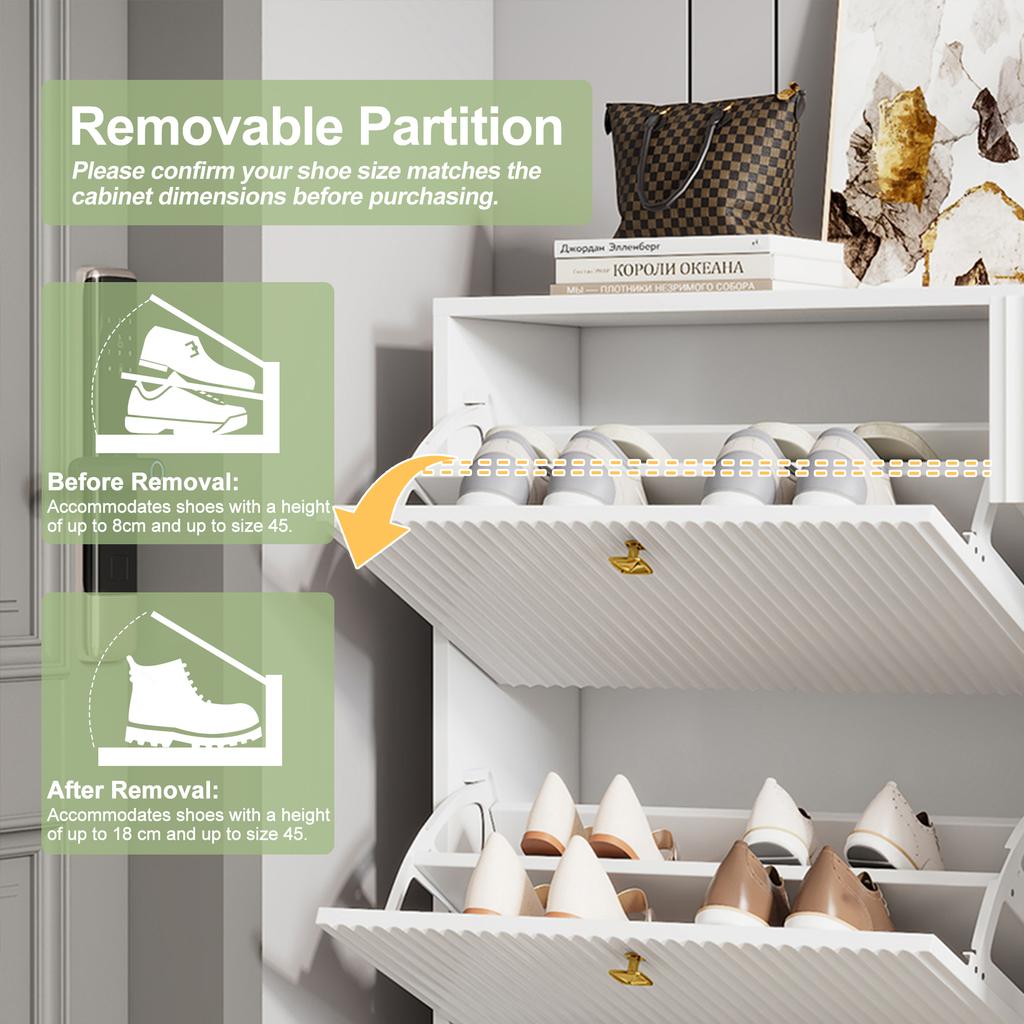 Shoe Cabinet with 3 Flaps, 1 Drawer and 1 Door, White Shoe Cabinet. Dimensions: H 121 cm / W 90 cm / D 25 cm (old SKU N657P19561518W)