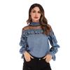 Spring and Autumn Women's Chiffon Long Sleeve Pleated Mesh Splicing Ruffle Polka Dot Chiffon Blouse Top