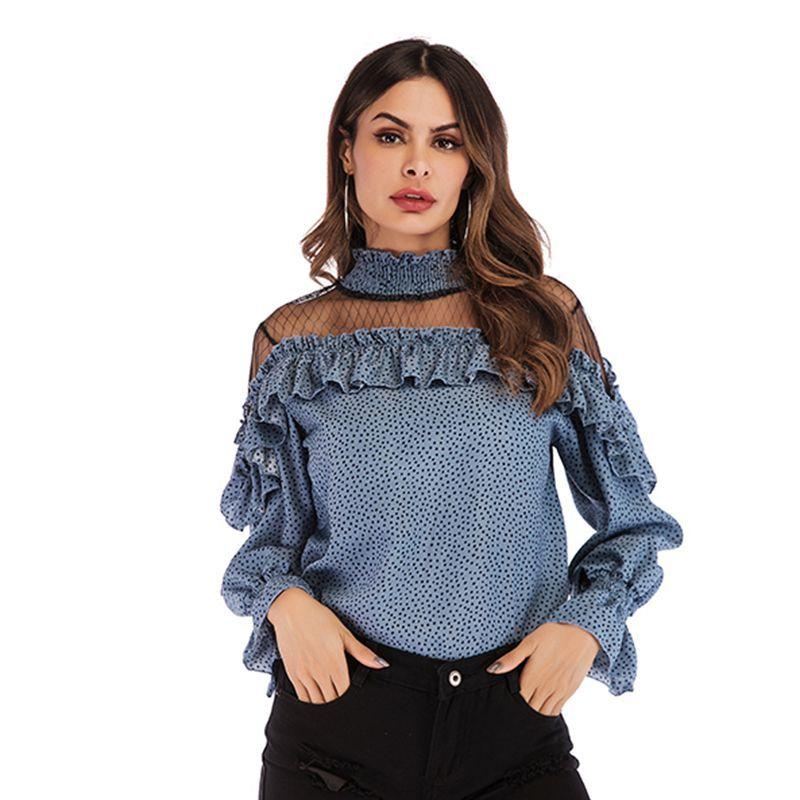 Spring and Autumn Women's Chiffon Long Sleeve Pleated Mesh Splicing Ruffle Polka Dot Chiffon Blouse Top