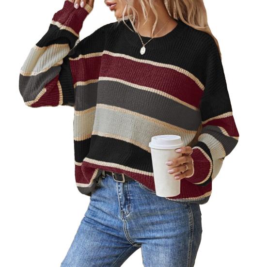 Women Sweater Round Neck Long Sleeve Knitted Tops Striped Print Loose Fit