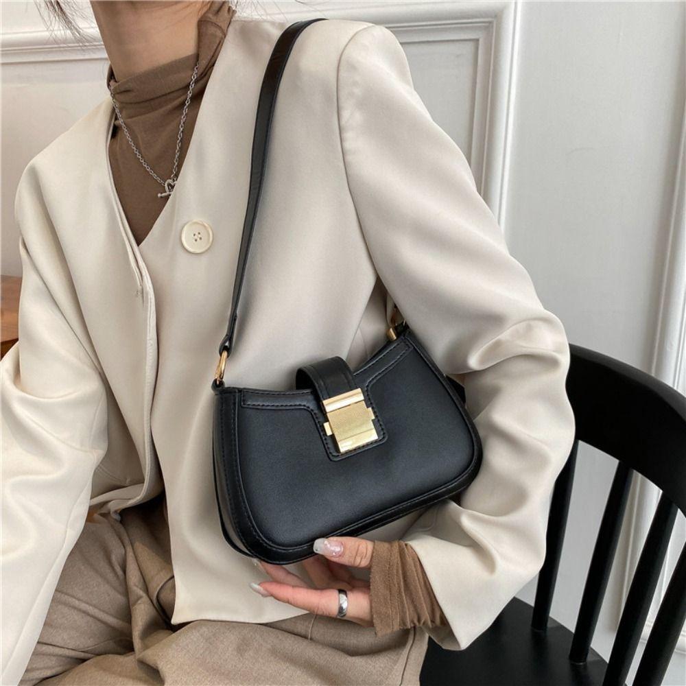 Ladies Trendy Vintage Underarm Bag Solid Color PU Leather Shoulder Bags Fashion Simple Handbag Female Purse