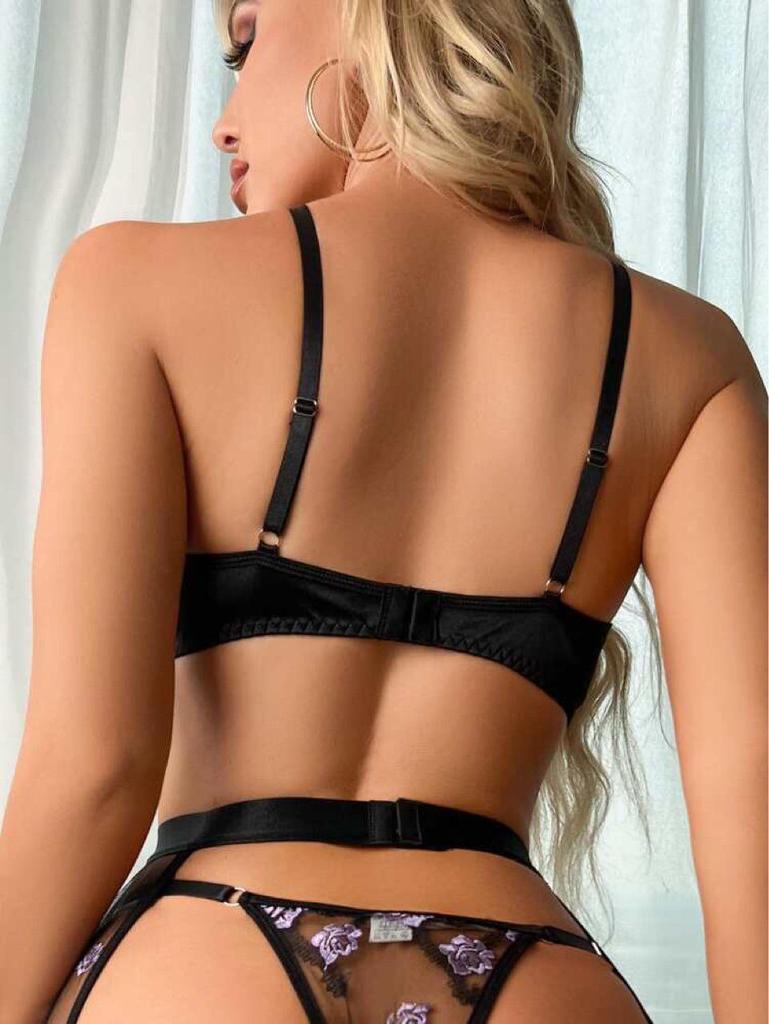 Европейский и американский женский сексуальный комплект нижнего белья из сетки с вышивкой и подвязками