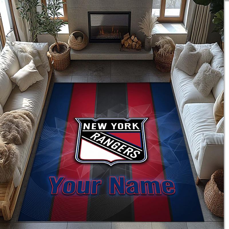 New York Rangers Crystal Velvet Rug, Custom Name Text Personalized Non‑Slip Floor Mat for Home Decor Gift