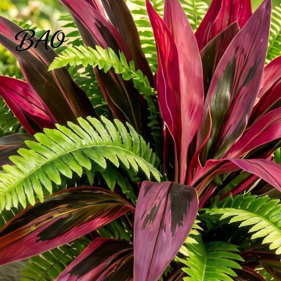 Spring Summer Seasonal Wreath Artificial Fern And Red Dracaena Plants, UV Resistant Decorative Faux Plant, Home Accents Realistic Plants for