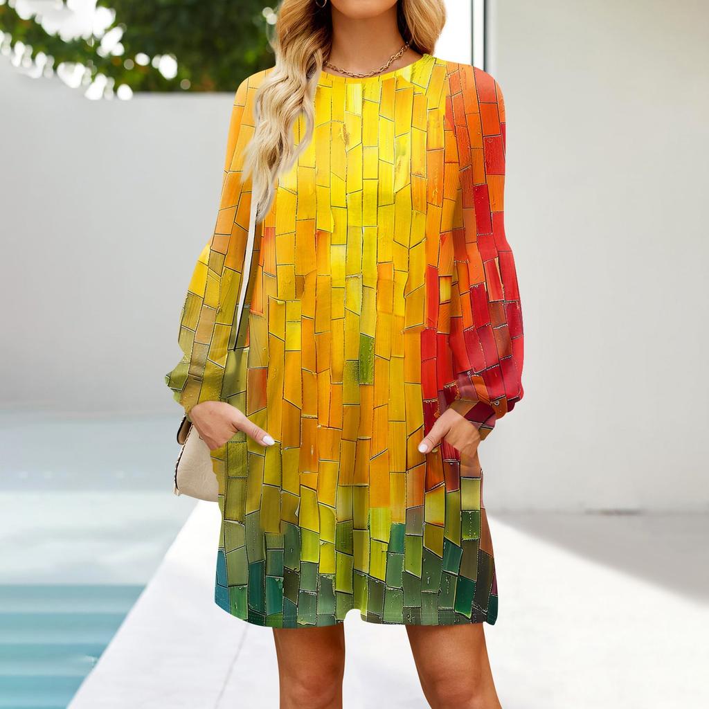 Fashion Womens Long Sleeve A Line Dress Fall Casual Pullover Crewneck Loose Fit Dress With Pockets