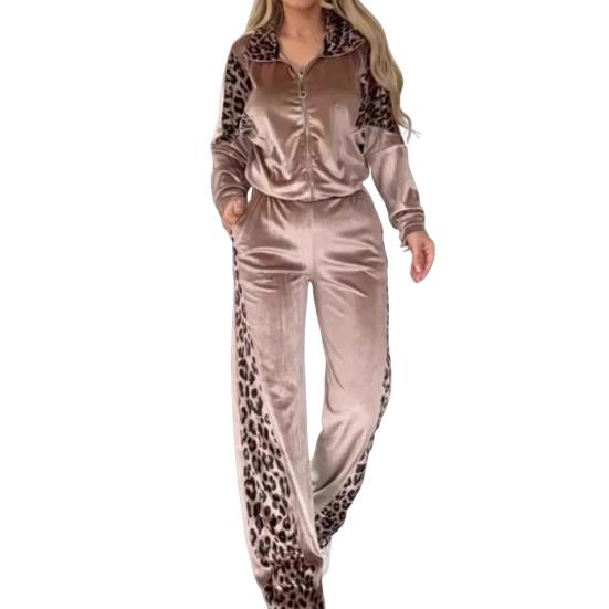 Женские бархатные спортивные костюмы с леопардовым принтом, состоящий из двух частей, для отдыха, толстовка на молнии и спортивные штаны с карманами
