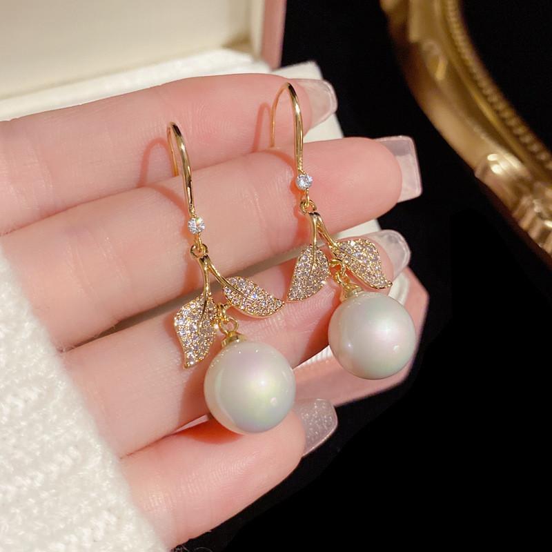Luxury Imitation Pearl Leaves Dangle Earring for Women Luxury Silver Color Bling Zircon Inlaid Fashion Elegant Lady Jewelry
