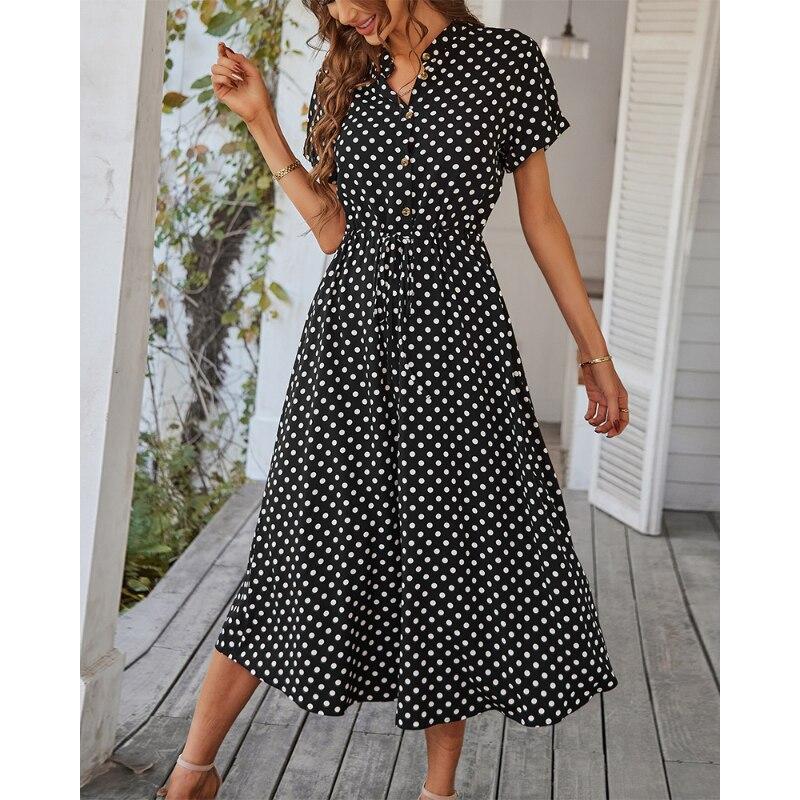 Модные летние элегантные вечерние платья с короткими рукавами для женщин 2023, женское длинное платье с отворотом и пуговицами в горошек на шнуровке 28000