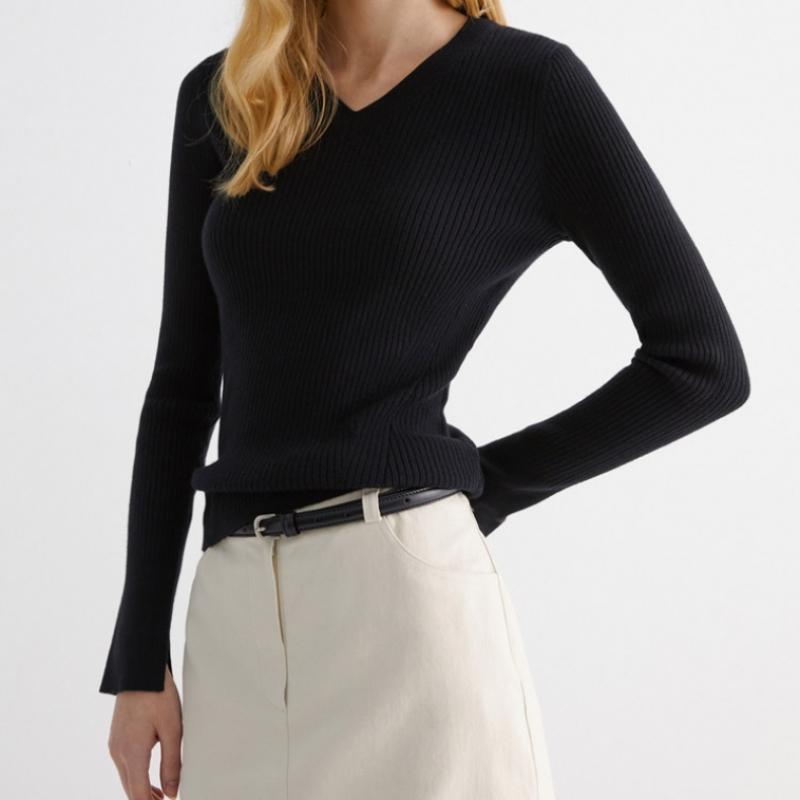  She S miSS шерстяной ребристый трикотажный свитер с V-образным вырезом SSkpoo42710 Bk