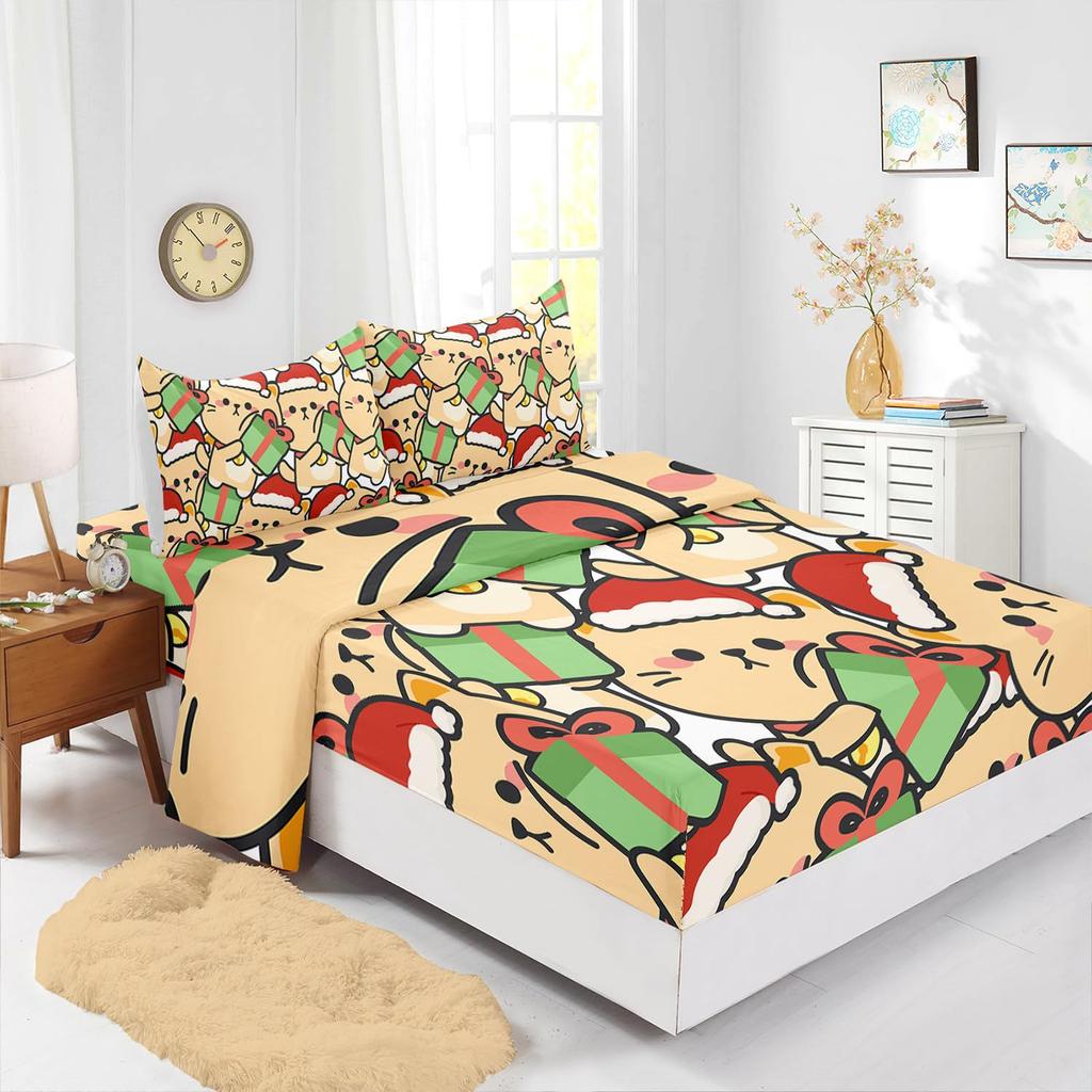 Cute Christmas Cat Pattern Bed Hat Four-Piece Bedding Set Bedroom Dormitory Bedding Decoration