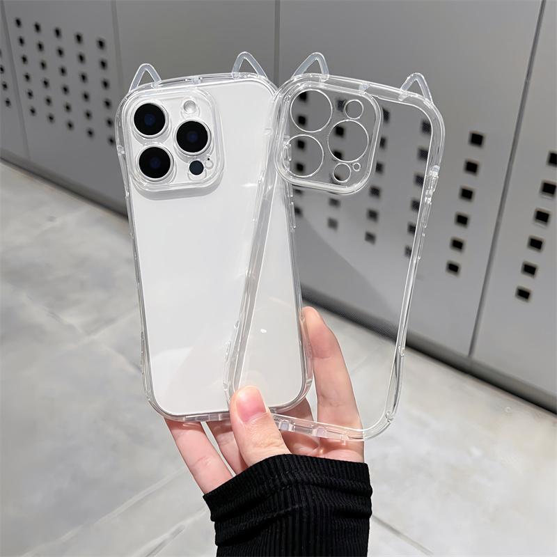 Чехол для iPhone 17 Pro Max Air Милый Кот 3D Ушки Прозрачный Чехол для Телефона Для 16 15 13 11 12 14 Plus Мягкий Прозрачный ТПУ Задняя Крышка