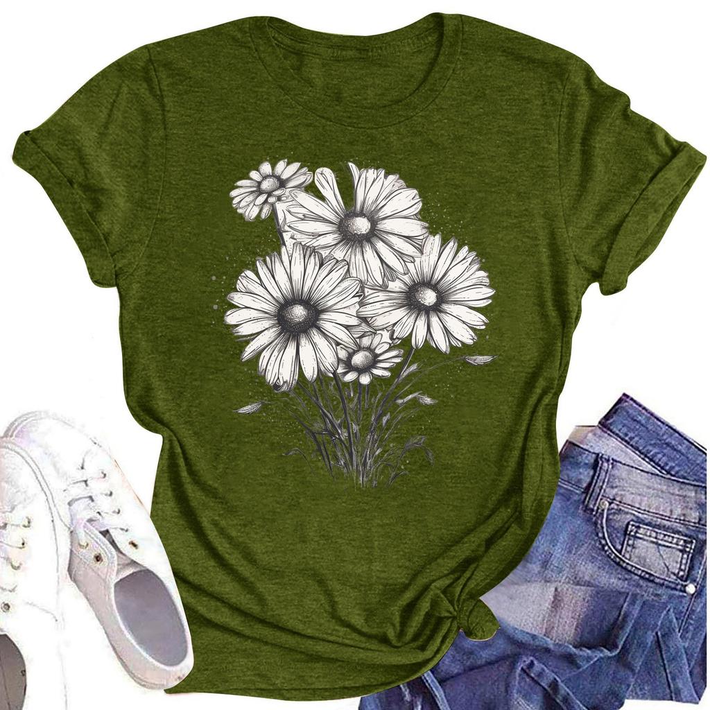 Women's Casual Round Neck Floral Print Short Sleeve T-Shirt Top