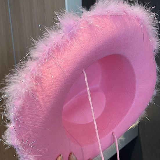 Cowgirl Hat Rhinestone Crown Decor Furry Ripped Edge Windproof Chin Rope Large Brim Sun
