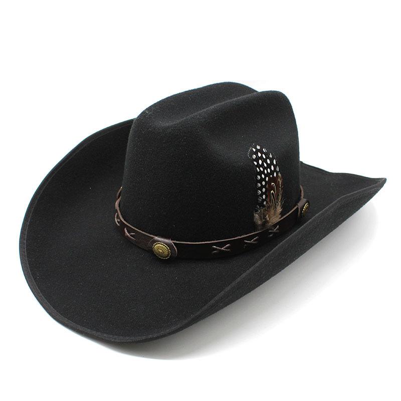 Woolen Black And White 9.5Cm Along Hemming Top Hat Feathers Western Cowboy Hat Riding Hat Men'S And Women'S Leisure
