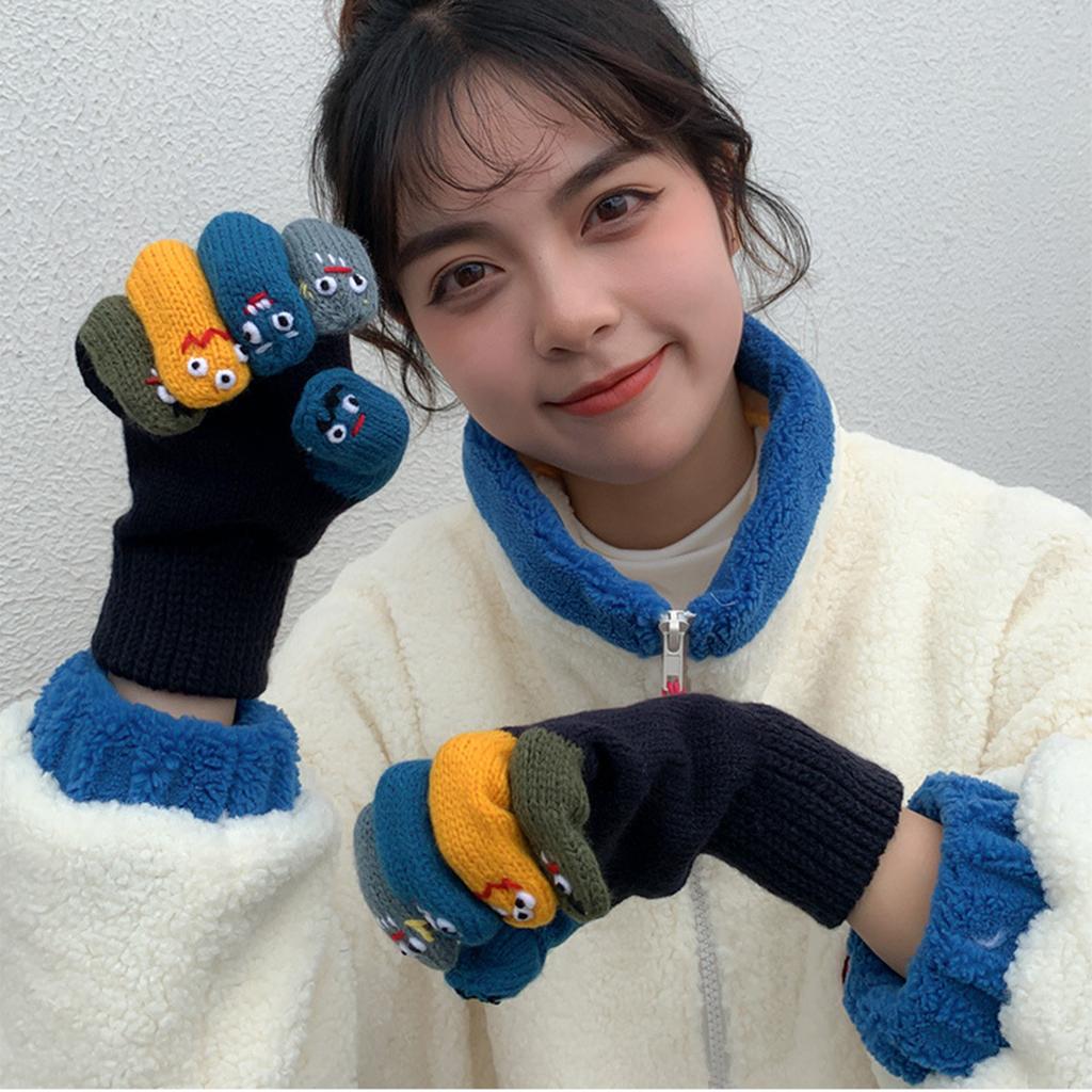 Забавный узор с инопланетным выражением, вязаные перчатки, зимние варежки с полными пальцами, утолщенные теплые рождественские велосипедные перчатки для девочек