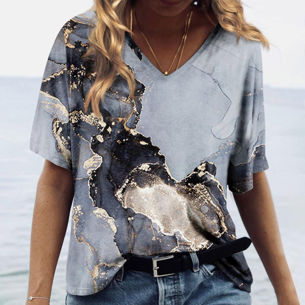 Women's Fashion Casual Printed V-Neck Short Sleeve Top Blouse