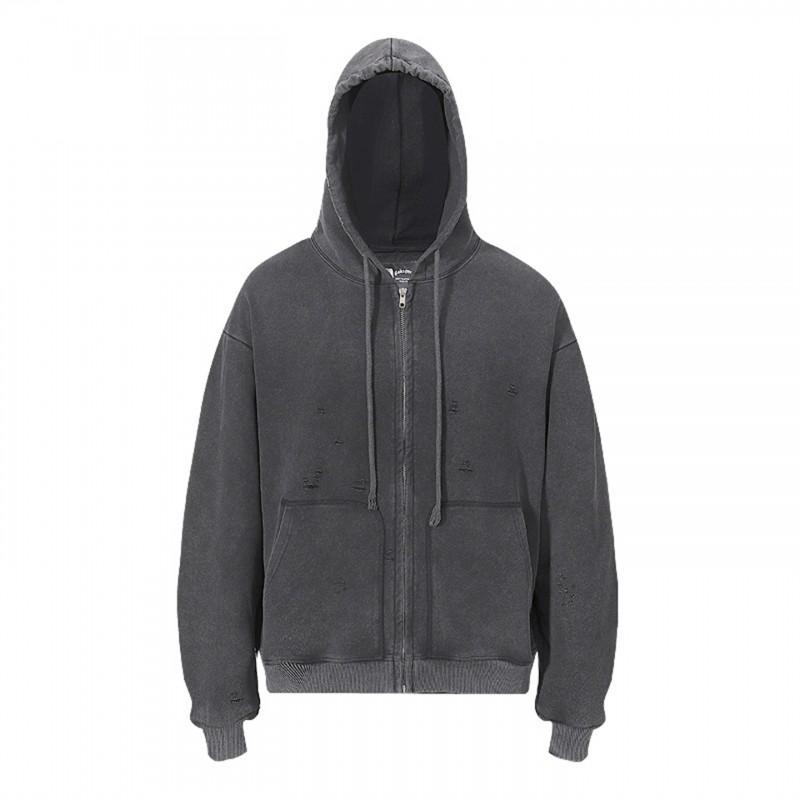 Unisex Oversized Hooded Zip-Up Sweatshirt Water Washed Distressed Cotton Fleece Streetwear Casual Fall