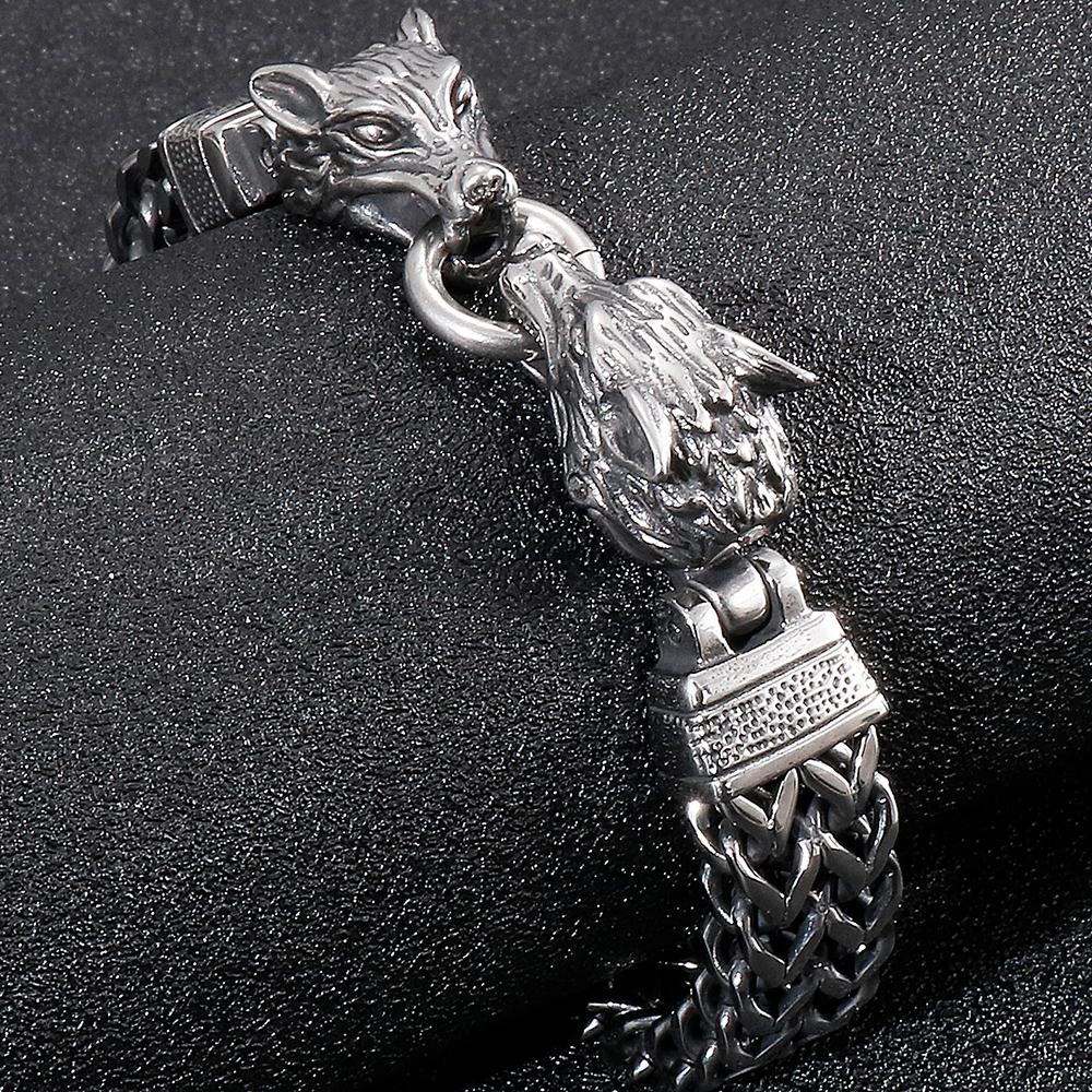 Мужской браслет с двойной волчьей головой, мужской винтажный, ширина 12 мм, нержавеющая сталь 316l, панк-цепь, готическая бижутерия с животными, аксессуар для мужчин