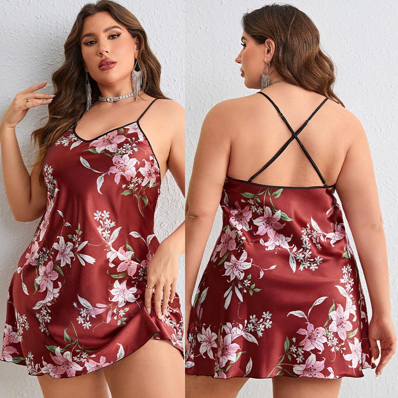 PLUS SIZE Женская ночная рубашка на подтяжках с бордовым принтом, сорочка с цветочным принтом, ночная рубашка, весна-лето, атласная домашняя одежда, одежда для отдыха
