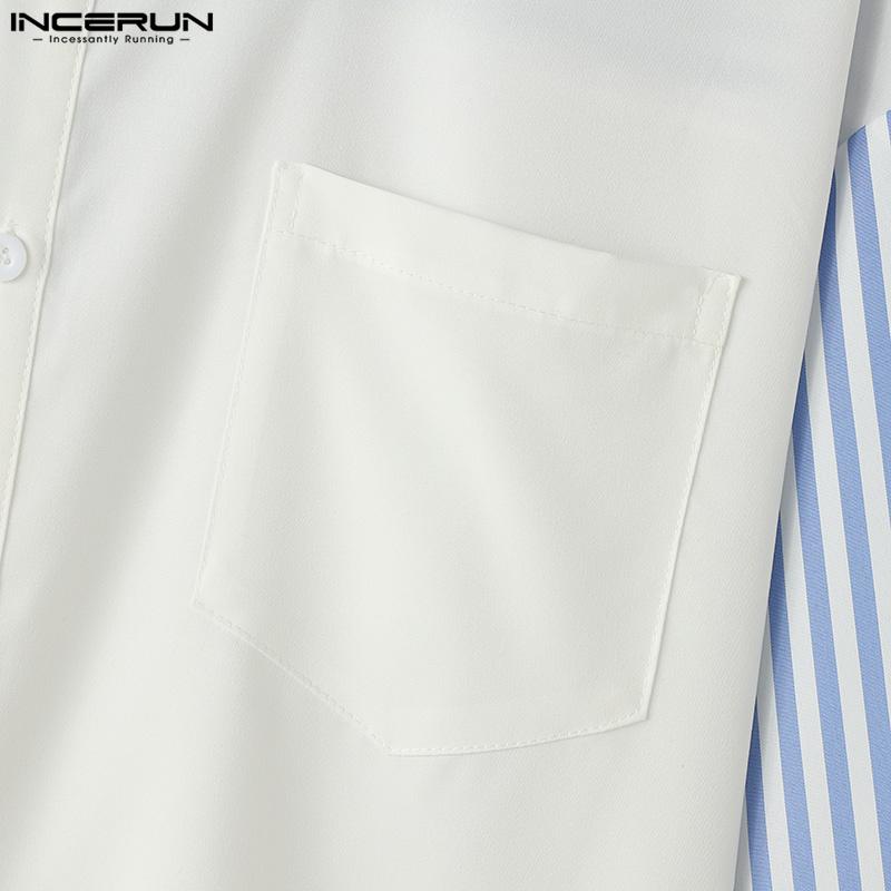 INCERUN Men Turn Down Collar Long Sleeve Buttons Tops Casual Striped Patchwork Shirts