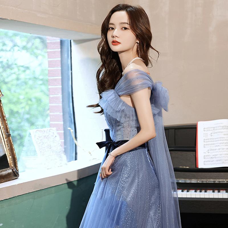 Blue evening dress 1011 summer new simple one-word shoulder elegant performance student art exam host dress