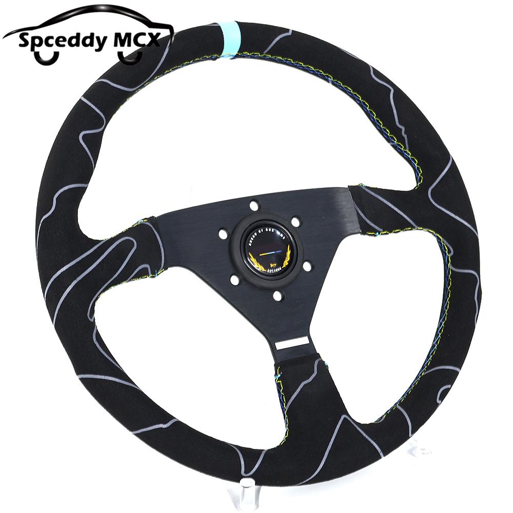JDM Suede Leather Steering Wheel Drift Sport Pull Up Steering Wheel 14inch 350mm Flat V1