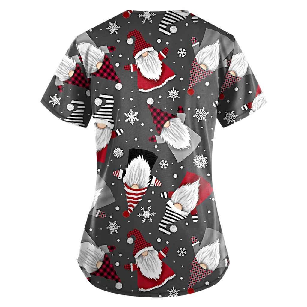 Women's Fashion Christmas Printed Short Sleeve V Neck Pattern Tops Pocket Working T-shirts