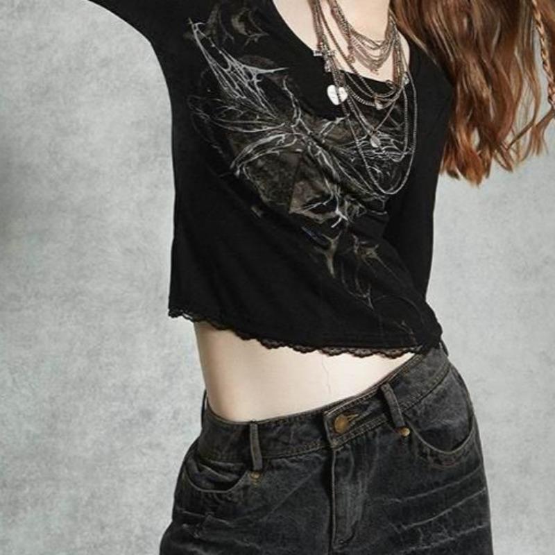 Панк Винтаж Уличная одежда Футболки Женские Американские Ретро Harajuku Дизайн Y2k Графика Длинные рукава Тонкие футболки Топы