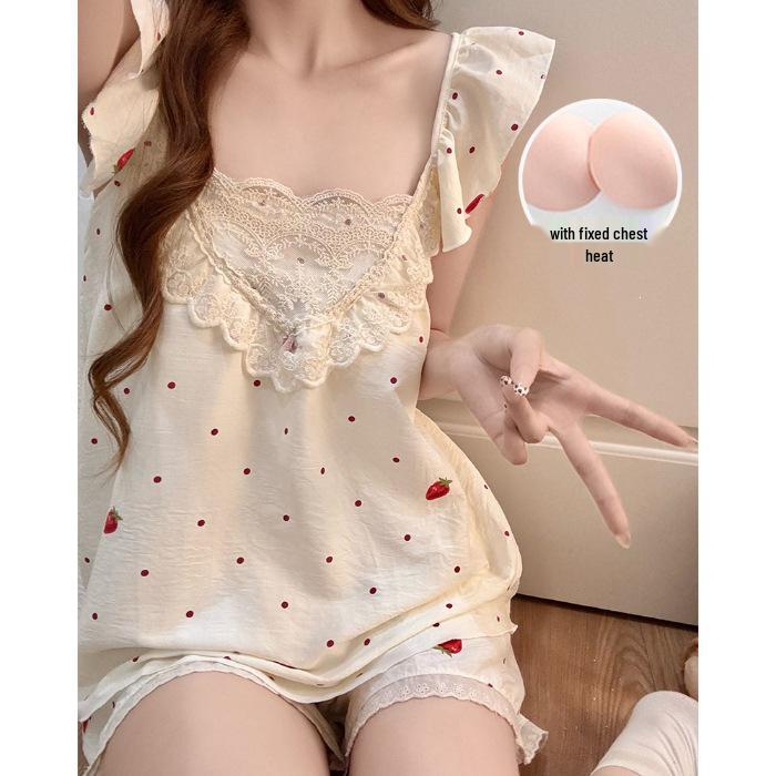 Женский пижамный комплект из облачного хлопка со встроенным бюстгальтером: Камисоль и шорты в стиле принцессы на лето - Для дома или улицы