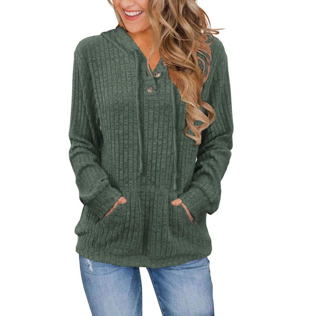 Women's Fashion Long Sleeve Solid Color Casual Ribbed Button Hoodie Top