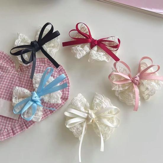 Girl Hairpin Hand-Sewn Embroidery Lace Ribbon Bowknot Decor Hair Clip Sweet Style Kids