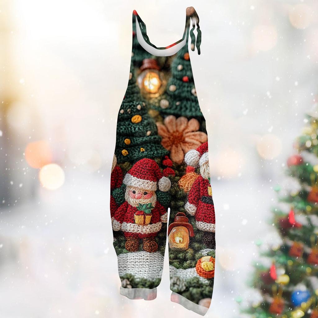 Женский комбинезон с рождественским принтом, повседневный свободный винтажный комбинезон из хлопка и льна