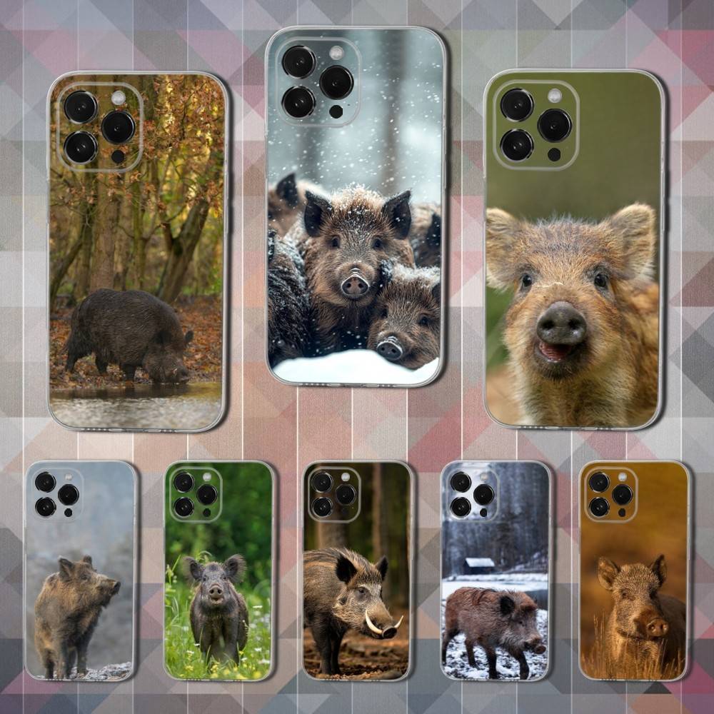 Cute Wild Boar Animal Phone Case For iPhone,14,13,12,15,Pro,Max,Plus,11,17,16,X,XS,XR,SE,Mini Transparent Soft Cover