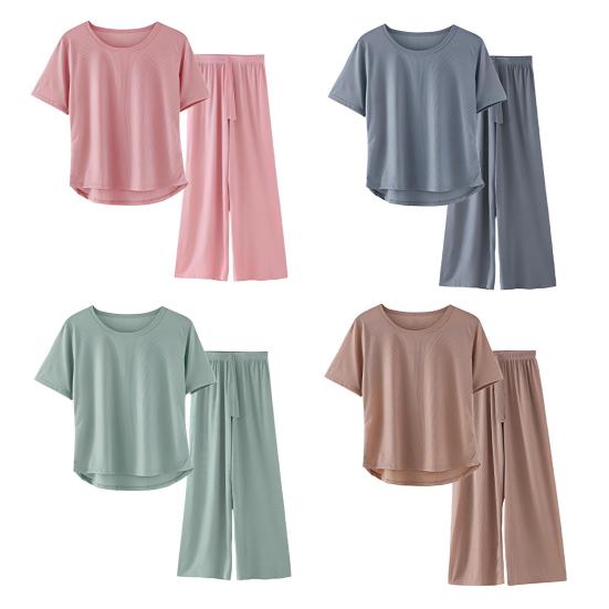Women's Summer Pajama Set Round Neck Short Sleeve Top And Pants Sleepwear Set Casual Loose Two Piece Lounge Set