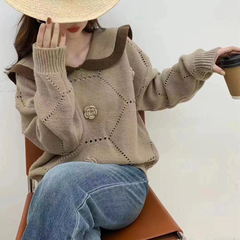 Осенне-зимний женский нежный отдел Sweet Wind Трехмерные розы Цветы ажурный вязаный свитер Collision Doll Collar Knitwear