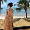 Ladies Summer Seaside Holiday Printed Chiffon Backless Halter Dresses