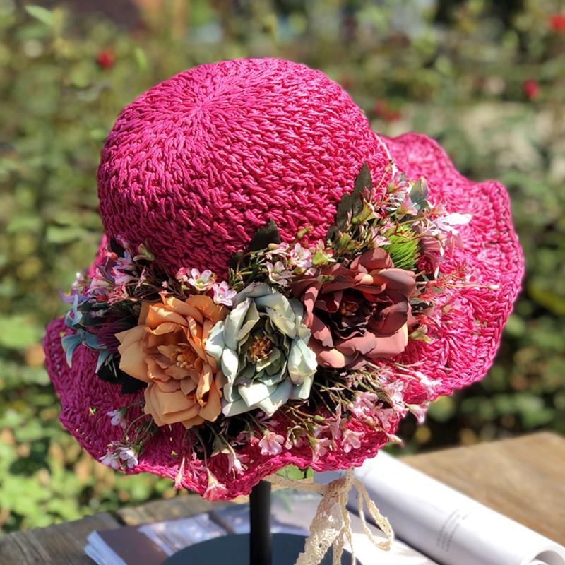 Сплетенная вручную соломенная шляпа с цветком розы, женская летняя, маленькая, свежая, пасторальная, кружевная, с большим карнизом, пляжная шляпа