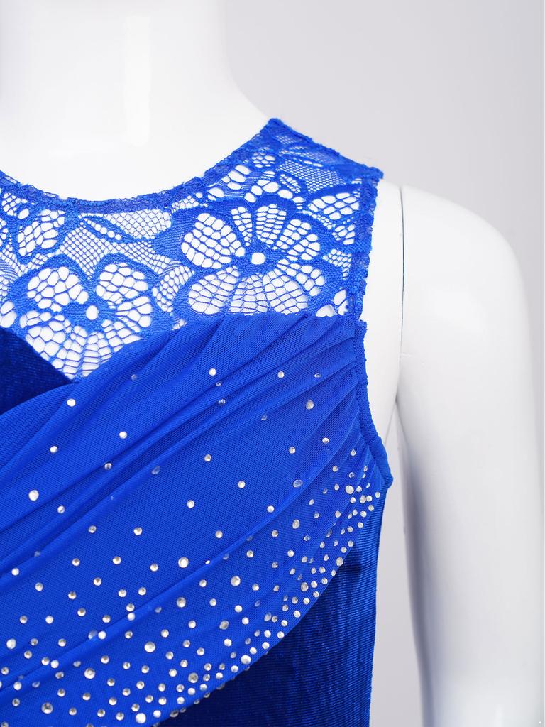 Платье для девочек с кружевной вставкой, сборчатой сетчатой накладкой, асимметричным подолом и сверкающими стразами, костюм для лирического танца