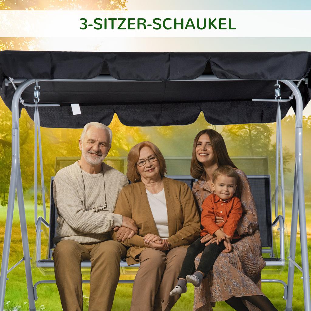 Hollywood Swing with Adjustable Sun Canopy, 3-Seater Garden Swing, Anti-Slip Feet, Capacity up to 240 kg, Garden Lounger, Patio, 171x108x154cm, Black