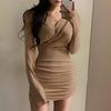 Сексуальное плиссированное облегающее платье, повседневные платья с длинным рукавом и V-образным вырезом на талии осень-зима, женская одежда