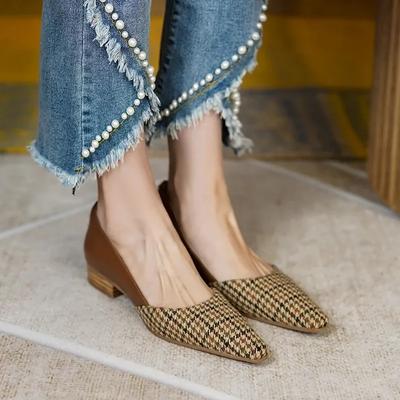 Модные НОВЫЕ женские туфли на плоской подошве Весенняя мода Клетчатые туфли-лодочки Лоскутные туфли без застежек Винтажная жаккардовая ткань Женская обувь