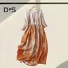 Women's Summer Plus Size Linen Dress Casual Floral Round Neck 3/4 Sleeve Midi Dress Loose Flowy Beach Sundress