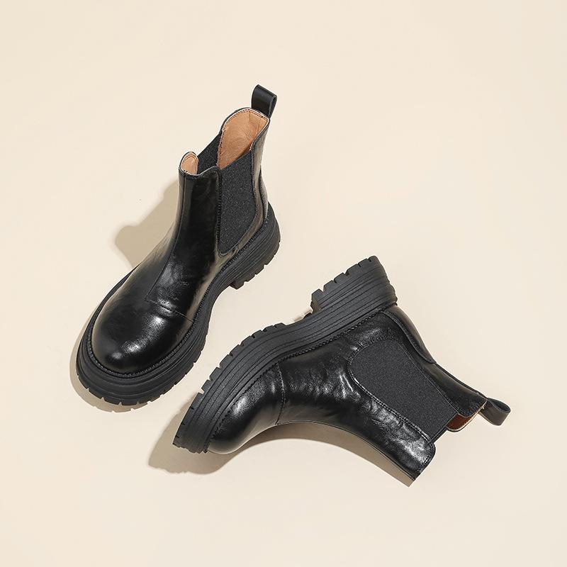 Женские ботильоны челси из кожи, прилегающие к ноге, на толстой подошве, в ретро британском стиле, осенне-зимний стиль, эластичные ботинки на одну ногу