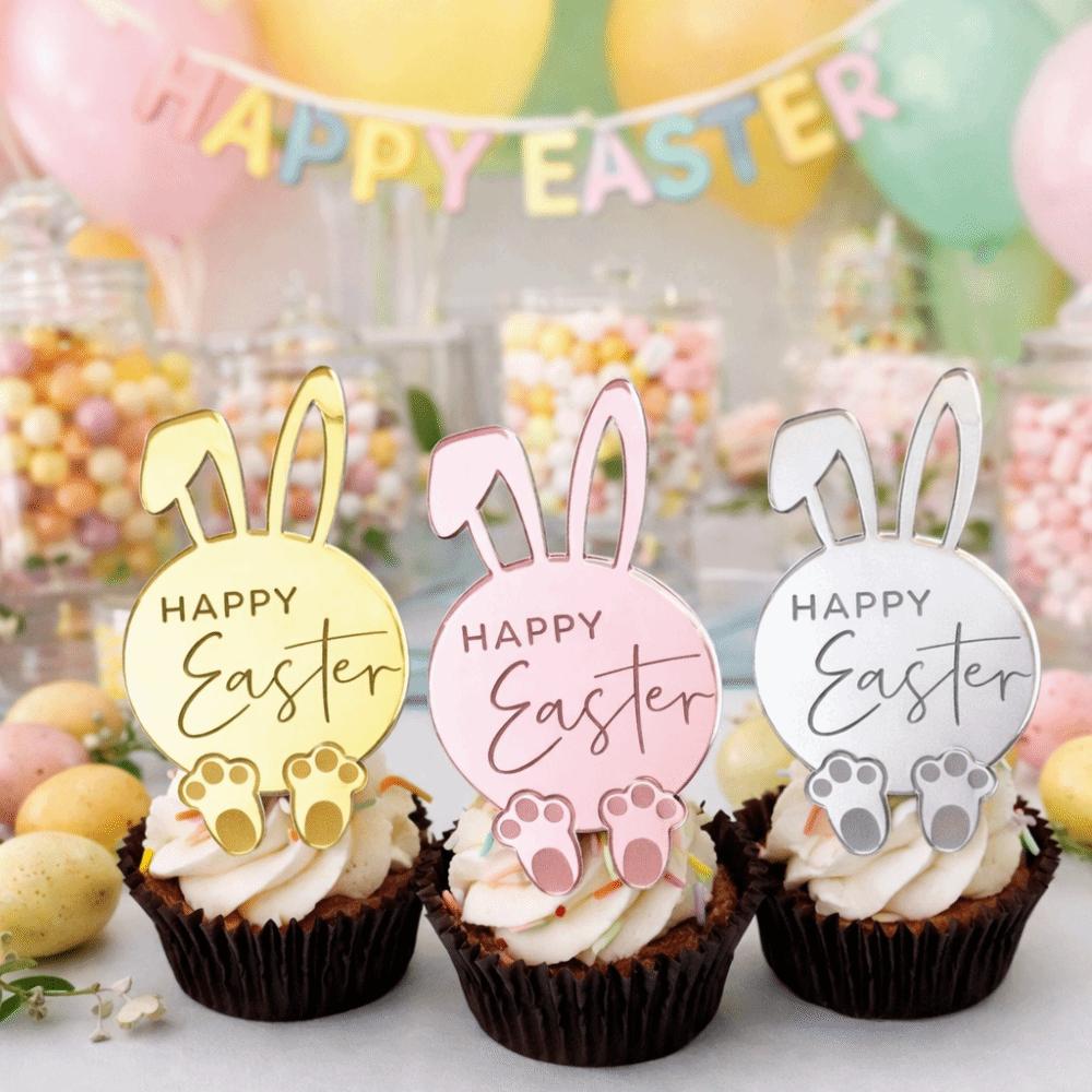 6pcs Cartoon Rabbit Cake Toppers Happy Easter Acrylic Bunny Pattern Tags Mirror Finish Easter Bunny Ornament Gift Tags